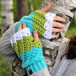 Handmade Aqua Chartreuse and White Fingerless Gloves Made in Canada